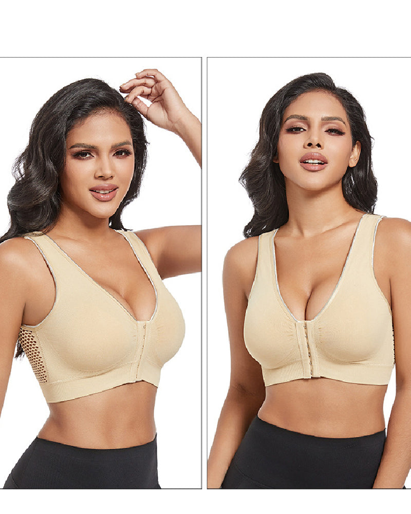 Sujetador deportivo inalámbrico transpirable hueco sólido con hebilla frontal de talla grande para mujer