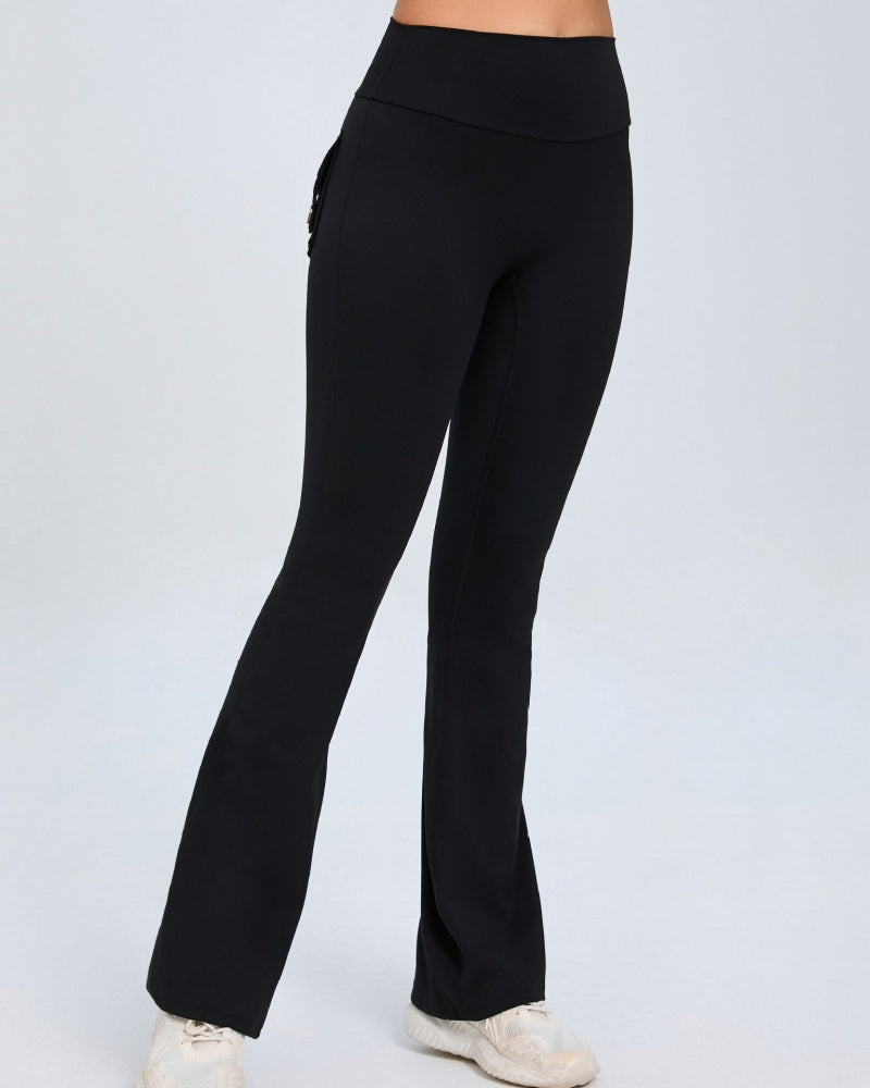 Button High Waist Hip Lift Leggings Yoga Flared Pants
