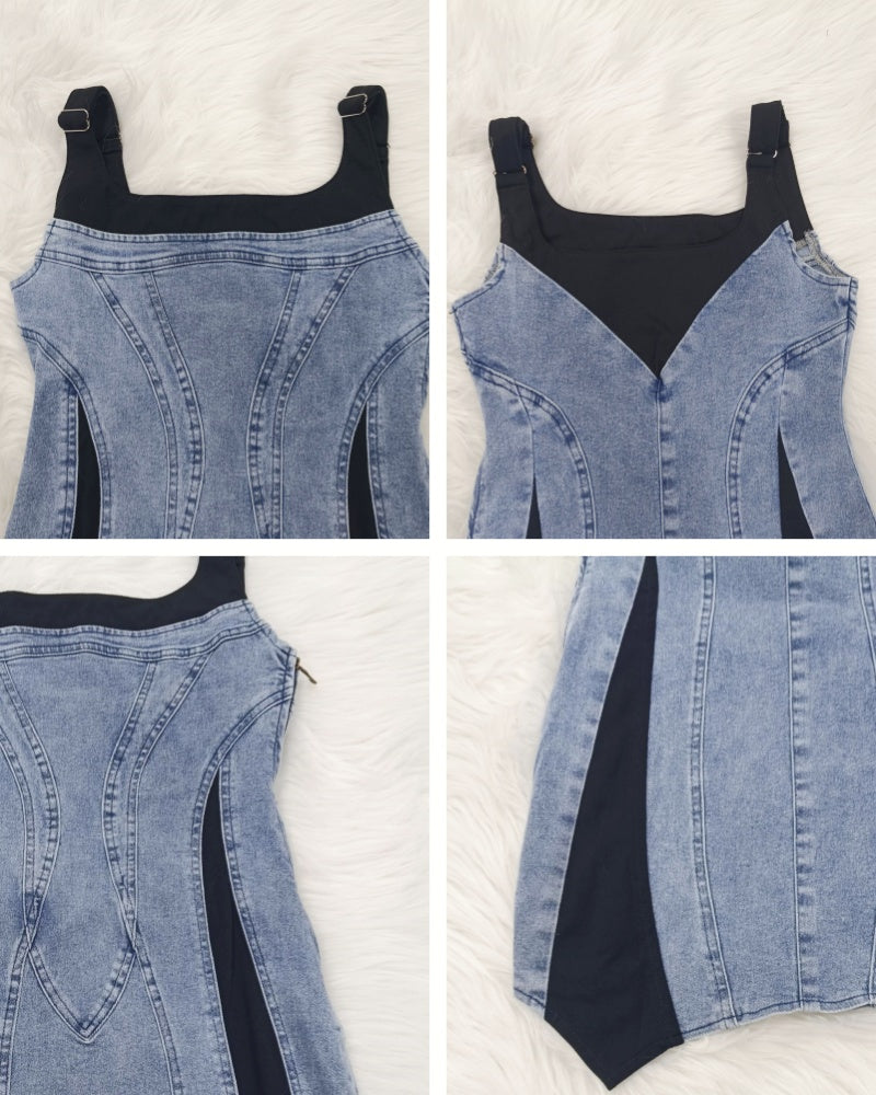 Shapshe® Contrast Color Suspenders Bodycon Mini Denim Dress