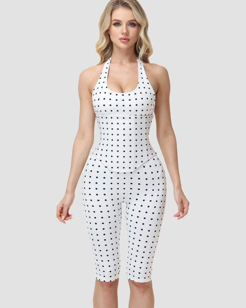 Hourglass Figure Body Shaper Waist Cincher Polka Dot Capri Jumpsuit Two-Piece Set