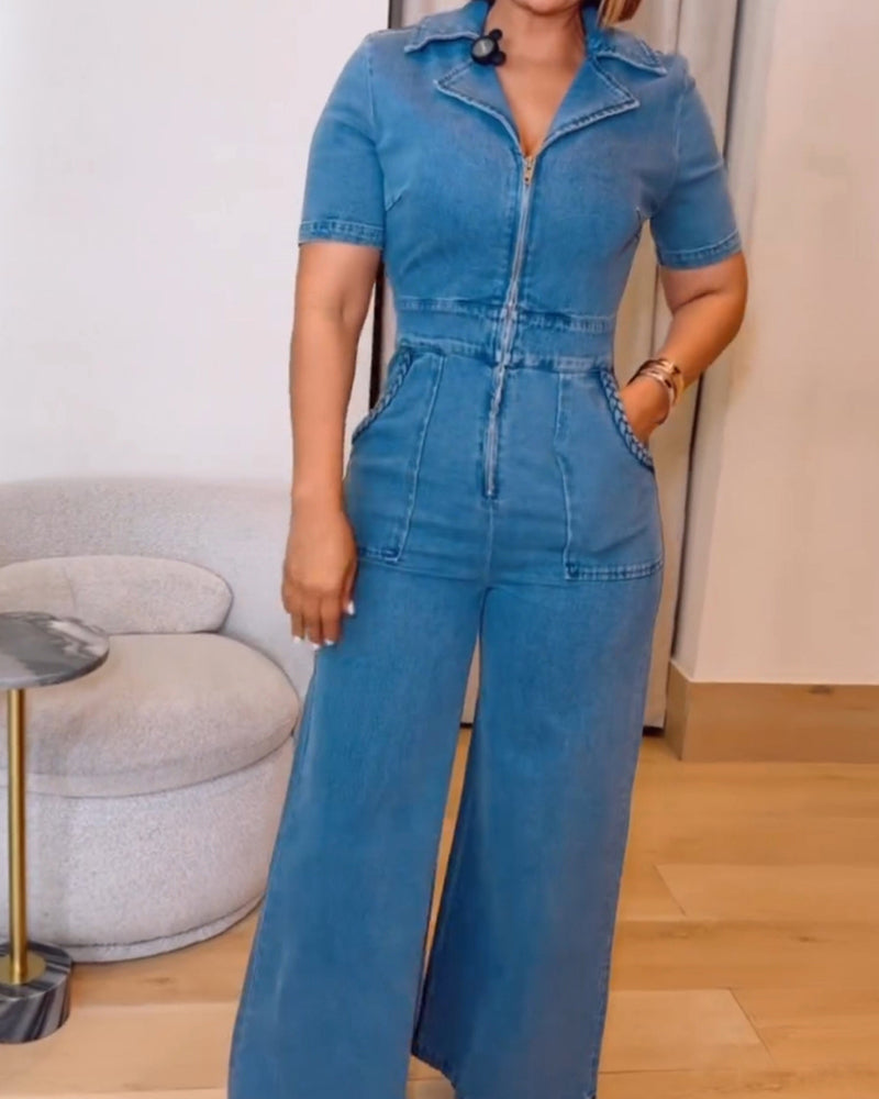 Women's Casual Short Sleeve Loose Straight Leg Denim Jumpsuits with Pockets