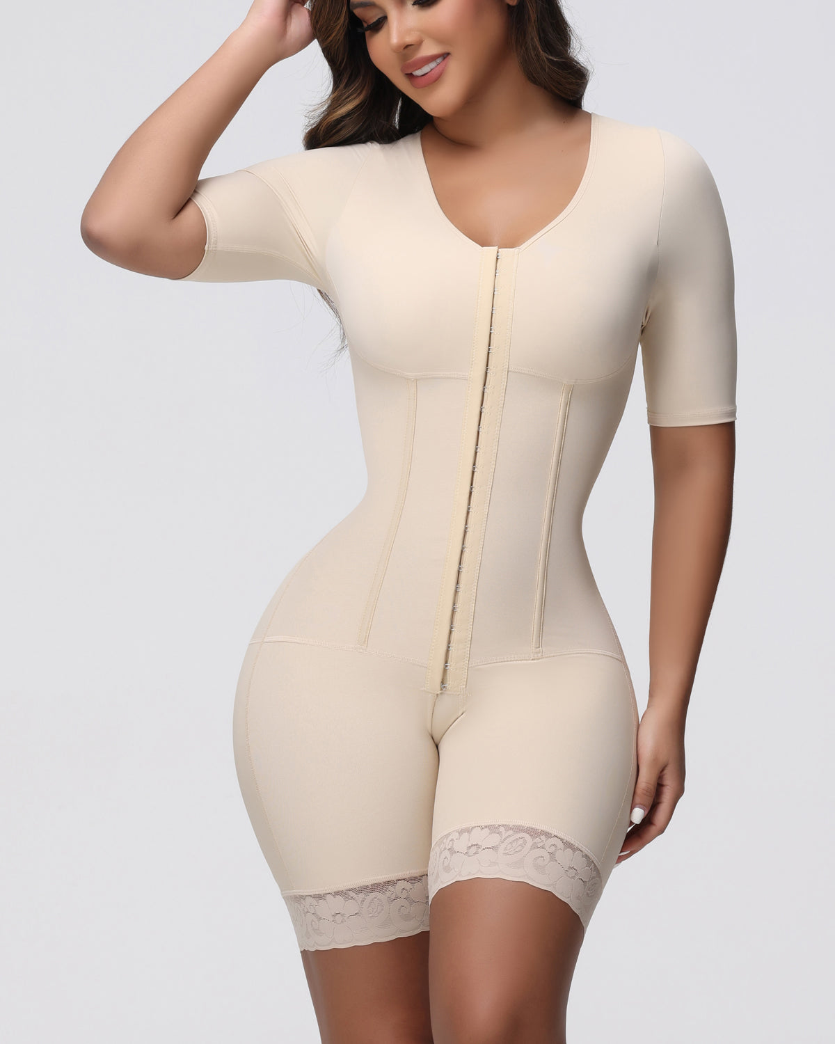 Shapshe® Fajas Short Sleeve Tummy Control Full Body Shaper Front Hooks Shapewear