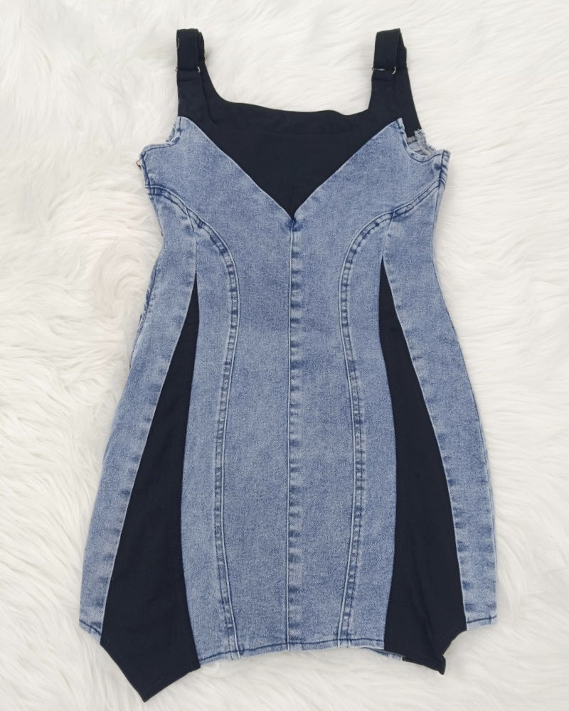Shapshe® Contrast Color Suspenders Bodycon Mini Denim Dress