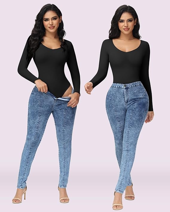 Shapshe® Women's Long Sleeve V Neck Seamless Bodysuits Tummy Control Thong Shapewear