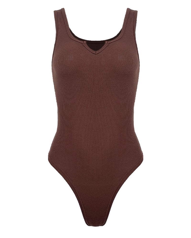 Body de una pieza sin mangas acanalado con cuello con muescas liso Fajas