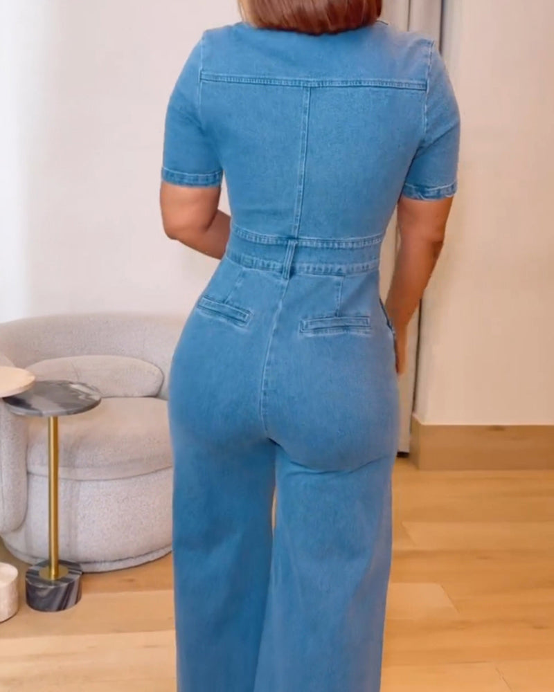Women's Casual Short Sleeve Loose Straight Leg Denim Jumpsuits with Pockets
