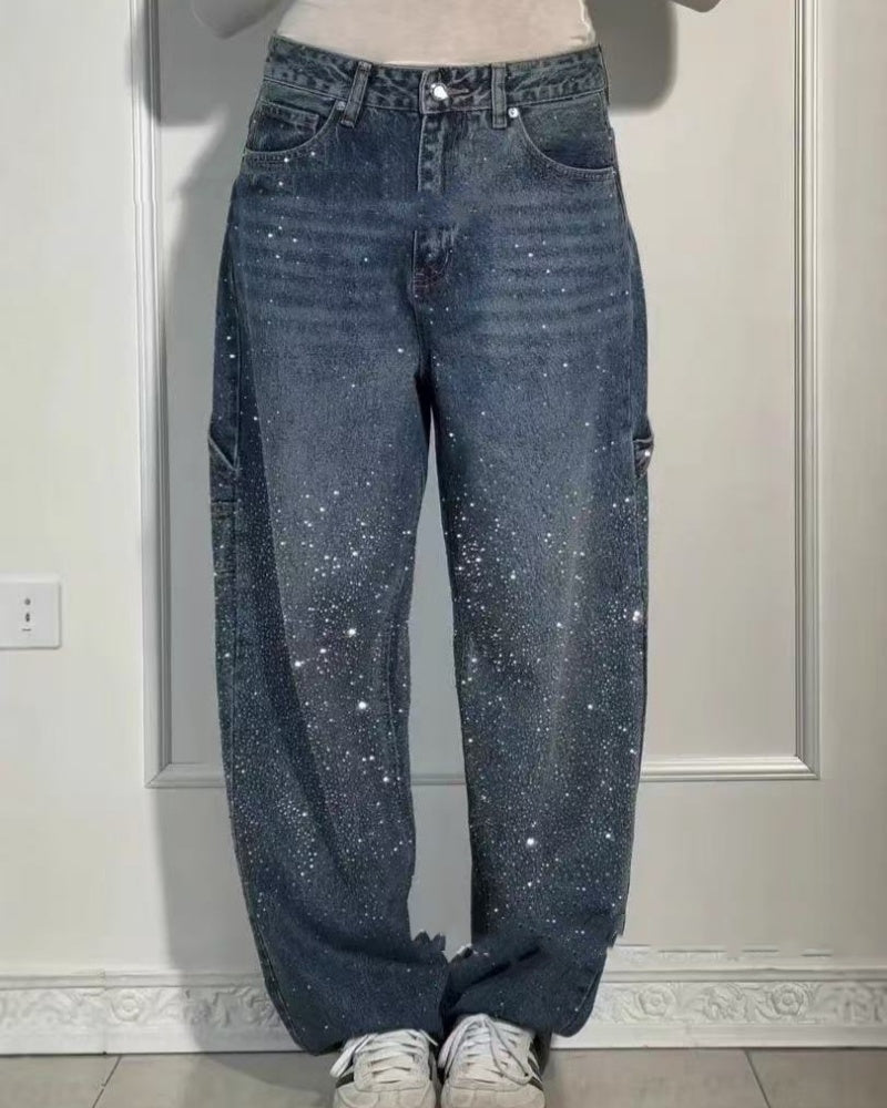 Women's Rhinestone Embellished Loose Fit Cargo Denim Jeans