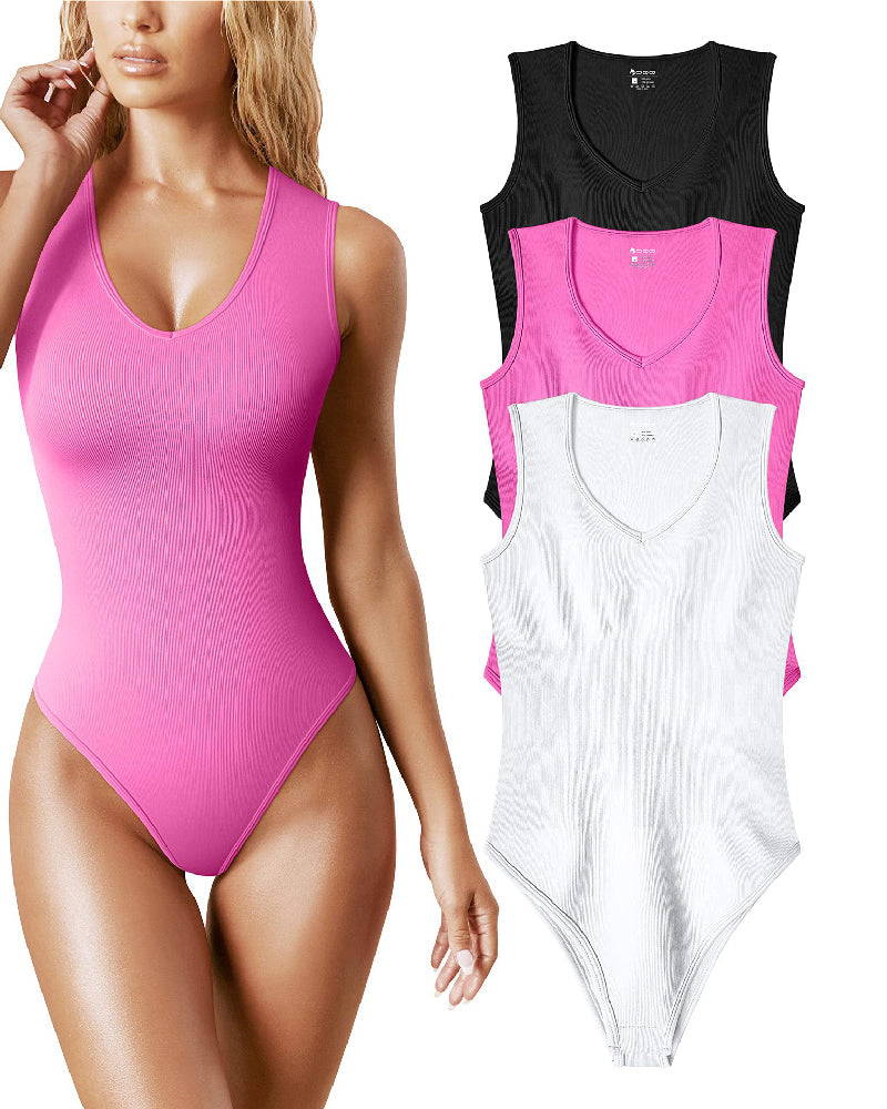 Body sexy acanalado con cuello en V sin mangas para mujer