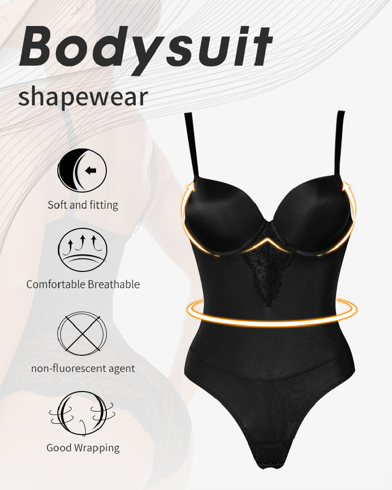 Women's Low Back Bodysuit Lace Stitching Tummy Control Brief Shapewear With Built In Bra