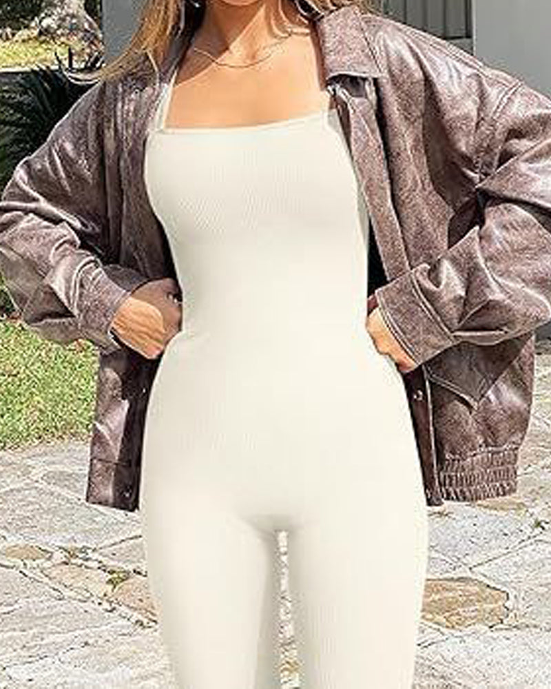 Mono de una pieza de canalé sin mangas liso con cuello cuadrado Mono de cuerpo entero delgado