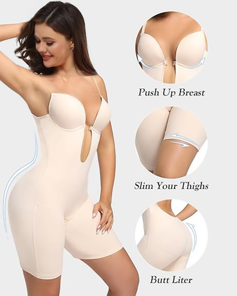 Shapshe® Sleeveless Solid Tummy Control U Plunge Shapewear Bodysuit With Built In Bra