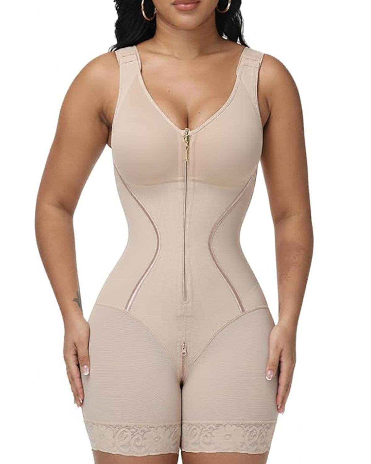 Shaping Bodysuit with Wide Straps Bra and Front Zipper