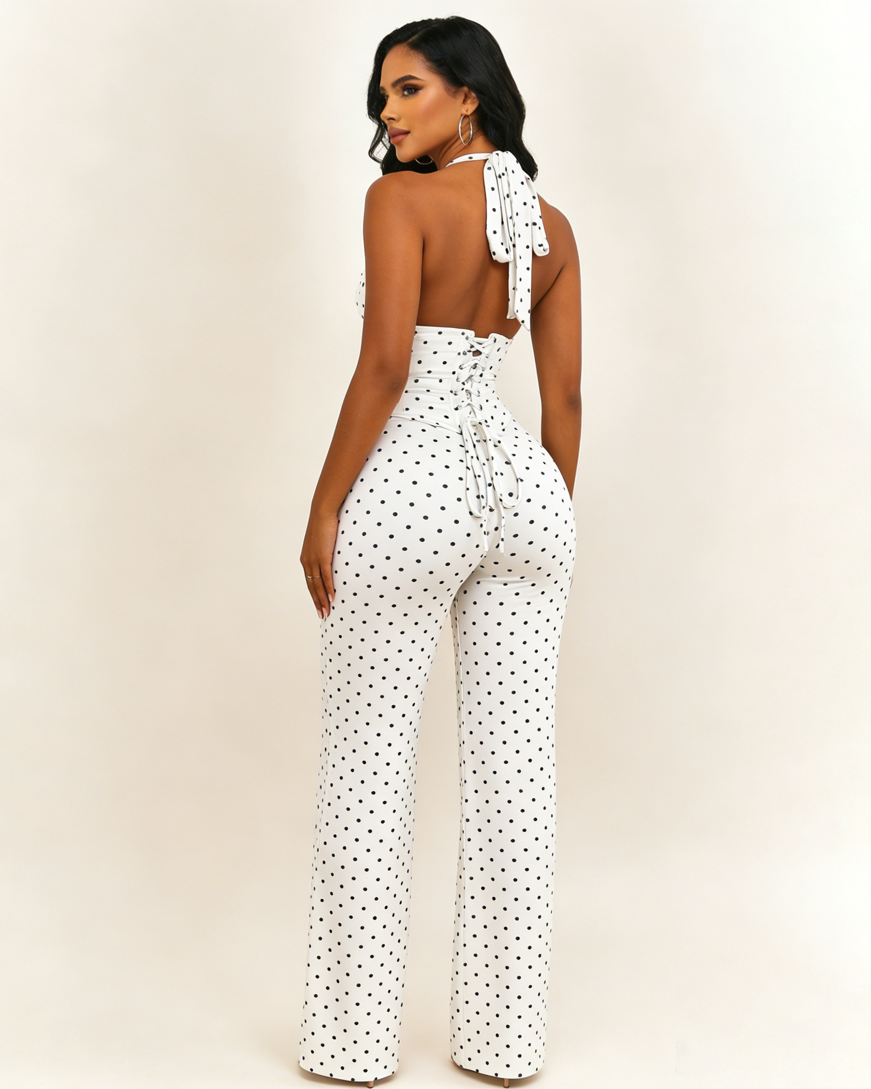 Polk Dot Halter-Neck Backless Detachable Corset Wide-leg Jumpsuit Two-Piece Set
