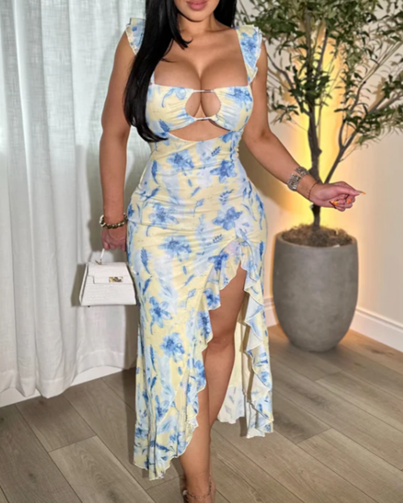 Women's Sexy Slim Fit Tie Dye Bevel Long Dress with Ruffles (Pre-Sale)