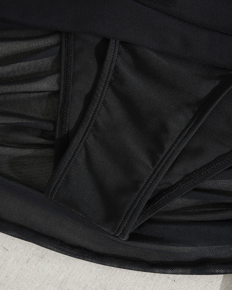 Sexy Mesh Patchwork Drawstring Tummy Control One Piece Swimsuit