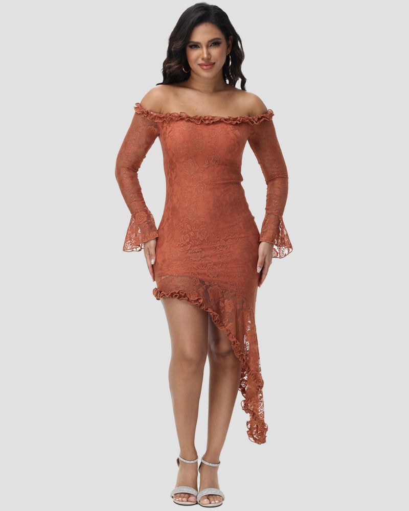 Sexy Lace Patchwork Tube top Long Sleeve Irregular Cut Bodycon Dress