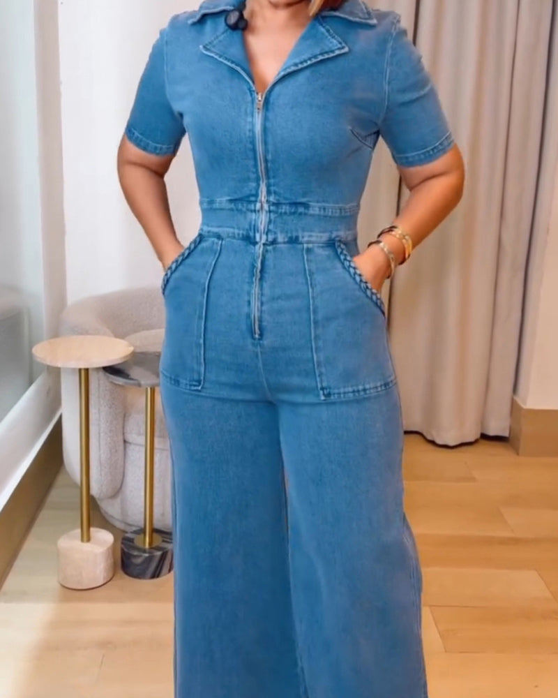 Women's Casual Short Sleeve Loose Straight Leg Denim Jumpsuits with Pockets
