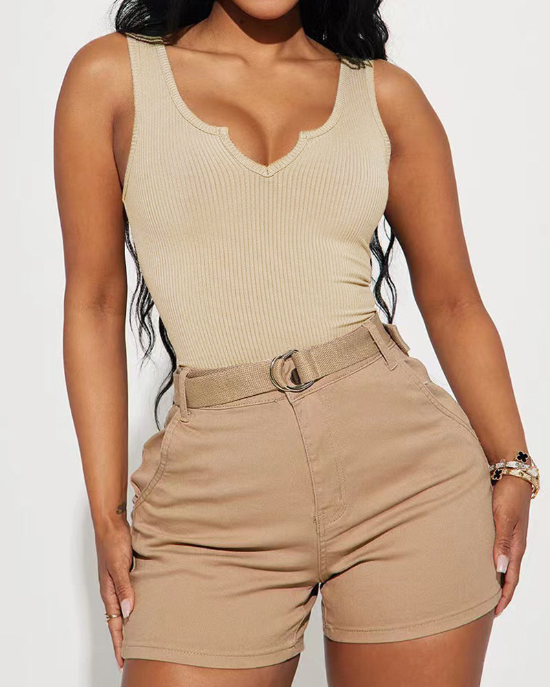 Body de una pieza sin mangas acanalado con cuello con muescas liso Fajas