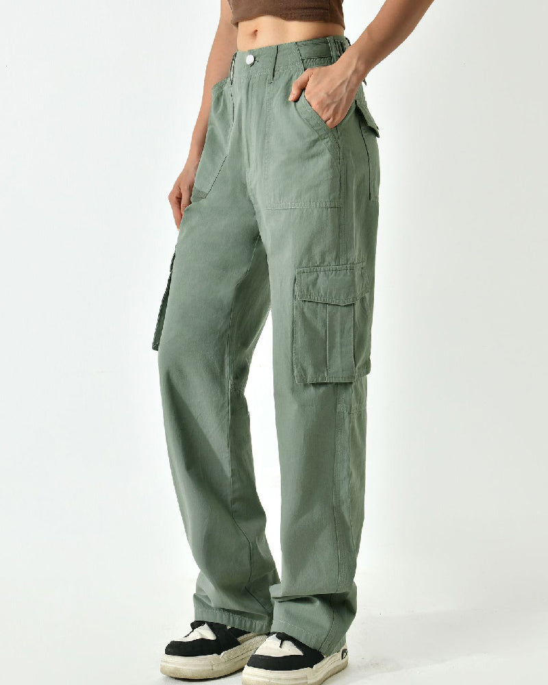 Pantalones cargo casuales de pierna recta con bolsillos con solapa y talle medio para mujer