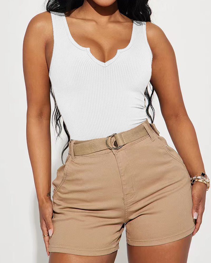 Body de una pieza sin mangas acanalado con cuello con muescas liso Fajas