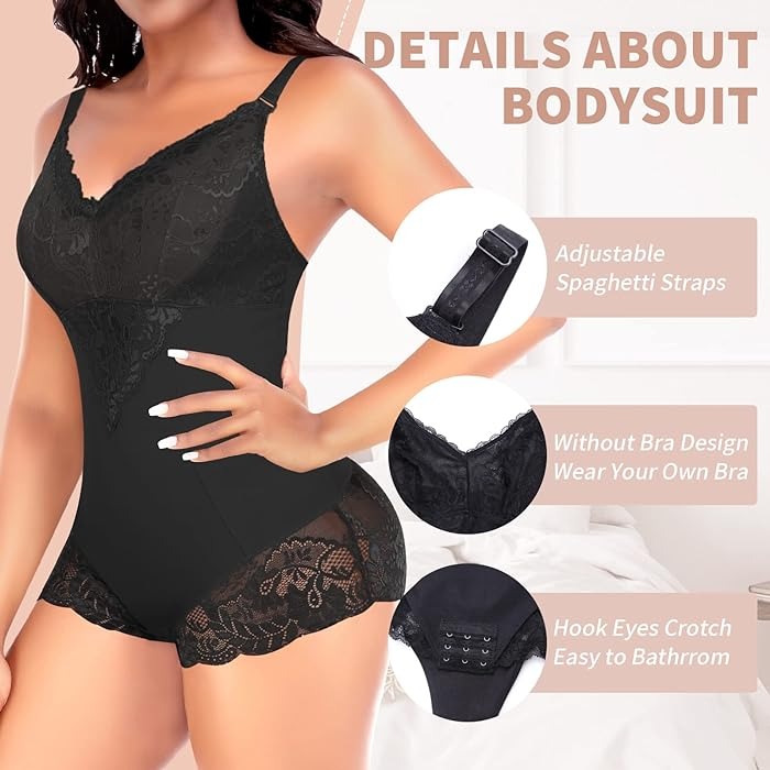 Body moldeador de cuerpo completo con control de barriga y cuello en V de encaje