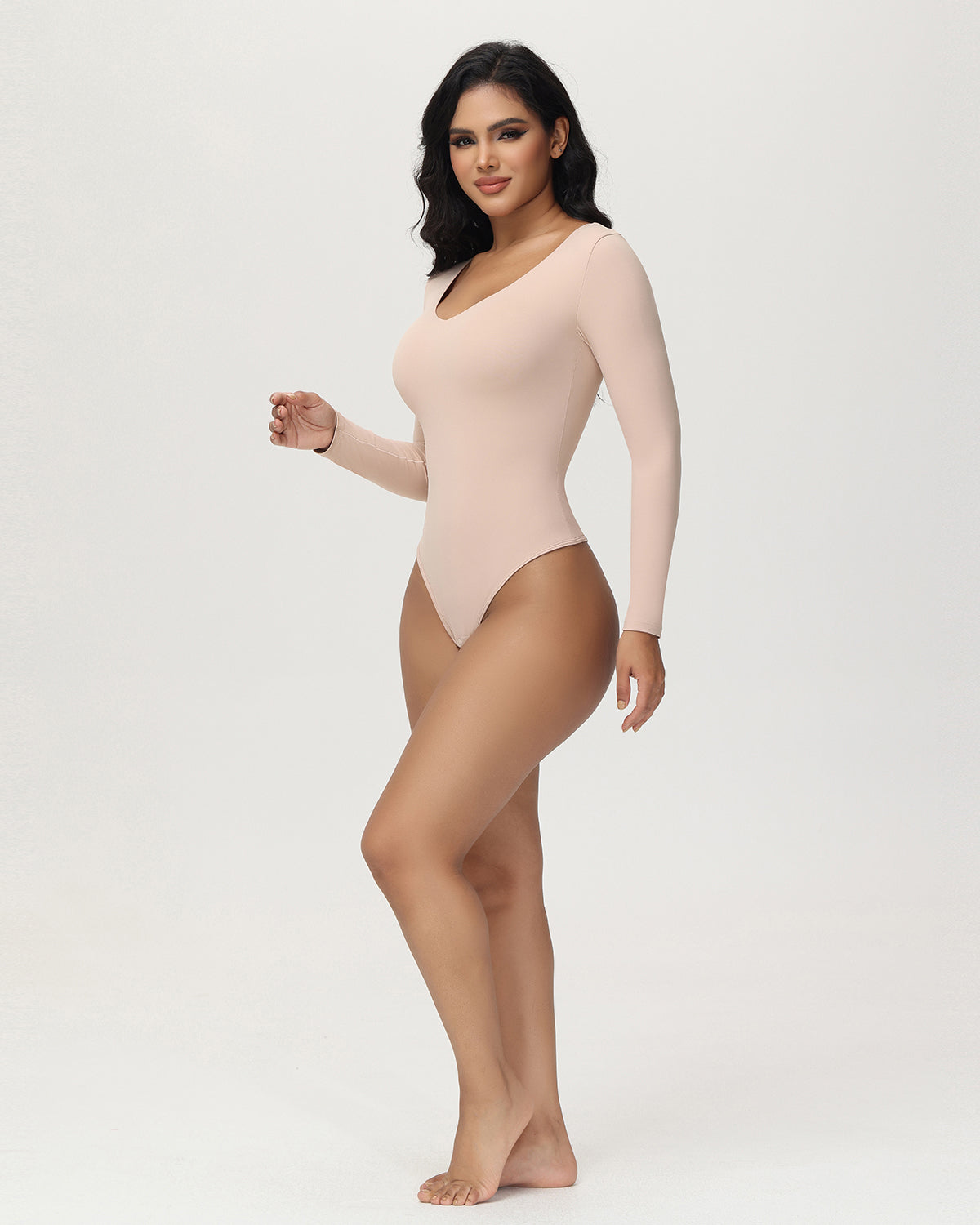 Shapshe® Women's Long Sleeve V Neck Seamless Bodysuits Tummy Control Thong Shapewear
