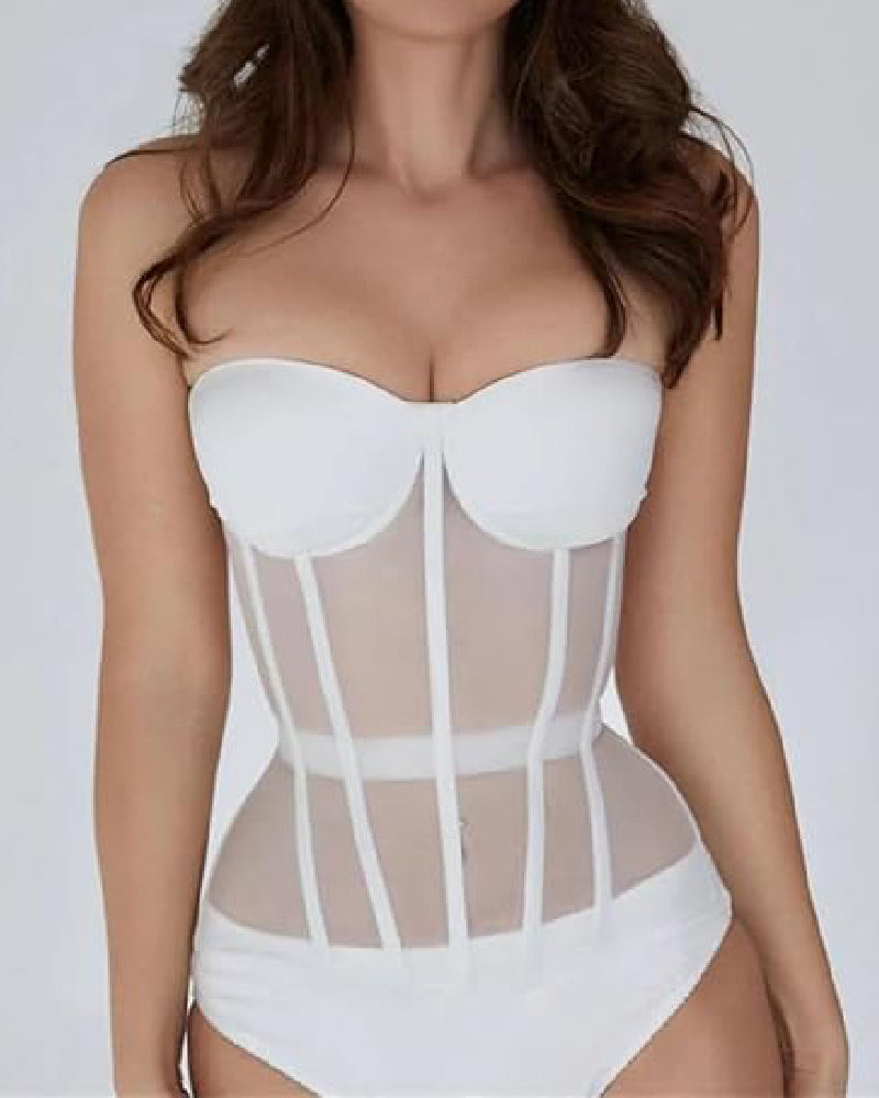 Women's Sexy Mesh Overbust Corset Tops Vintage See Through Slim Bustiers