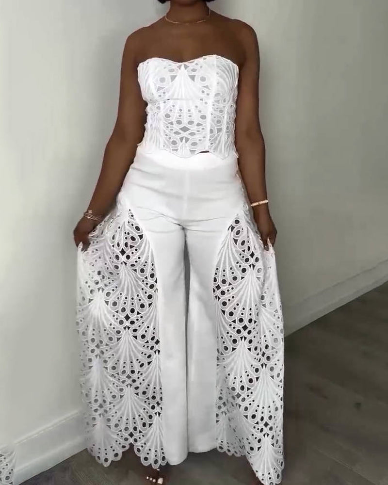 Elegant Strapless Floral Eyelet Cutout Top & Wide Leg Pants Set