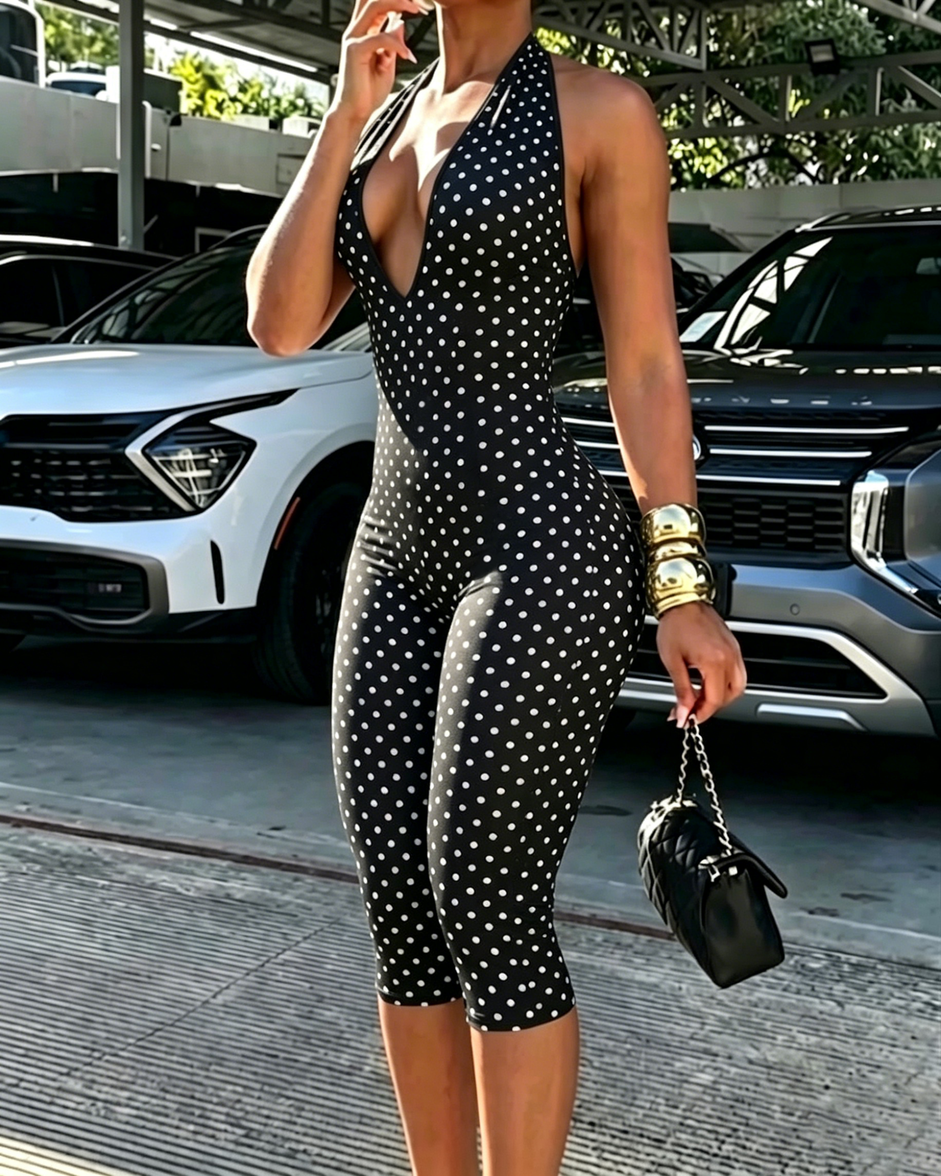 Hourglass Halter V Neck Backless Butt Lifting Capri Jumpsuit In Polk Dot