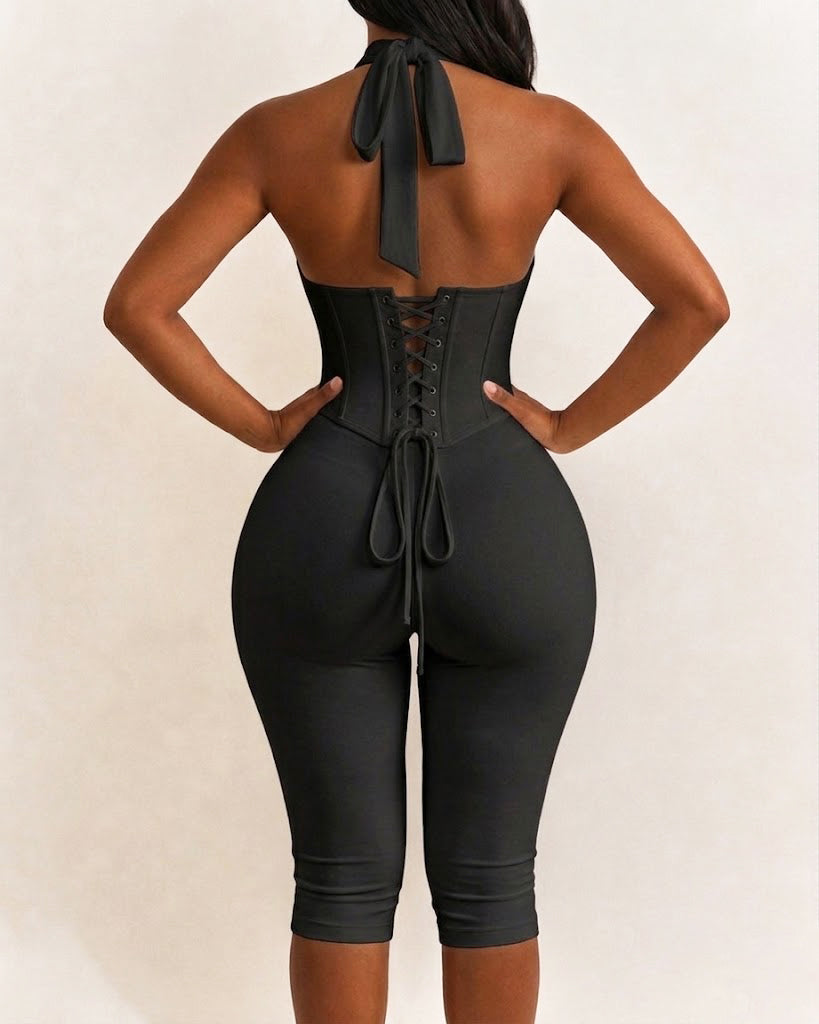 Polka Dot Halter Neck Hourglass Capri Jumpsuit with Detachable Corset Two-Piece Set