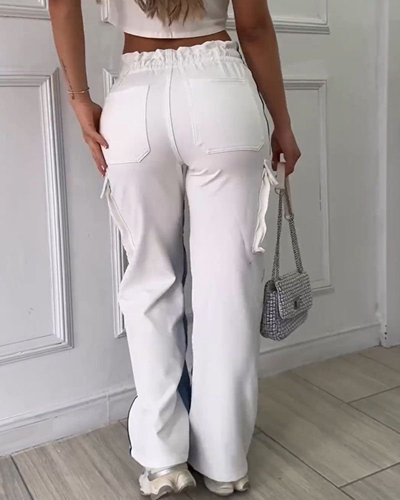 Shapshe® Lace-Up Elastic Waist Patchwork Cargo Jeans With Multi-Pocket