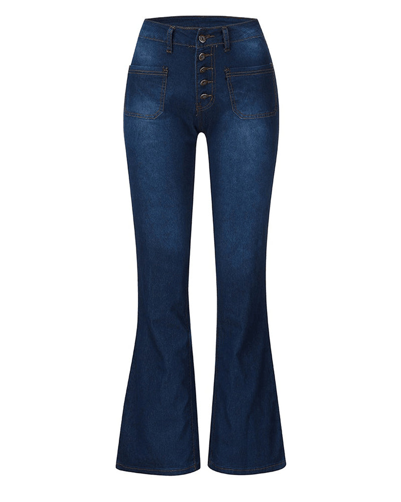 High Waist Washed Stretch Single Breasted Multi Button Straight Leg Jeans