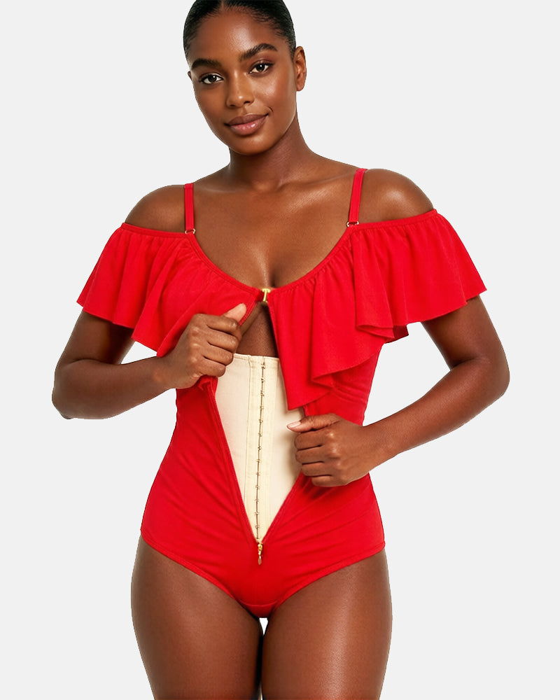 Shapshe® Fajas Colombianas One Piece Ruffled Tummy Control Triangle Swimsuit