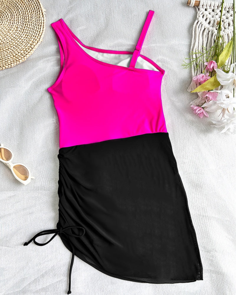 Sexy Mesh Patchwork Drawstring Tummy Control One Piece Swimsuit