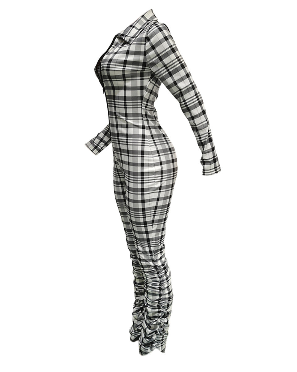 Plaid Collar Front Zipper Long Sleeve Ruched Jumpsuit