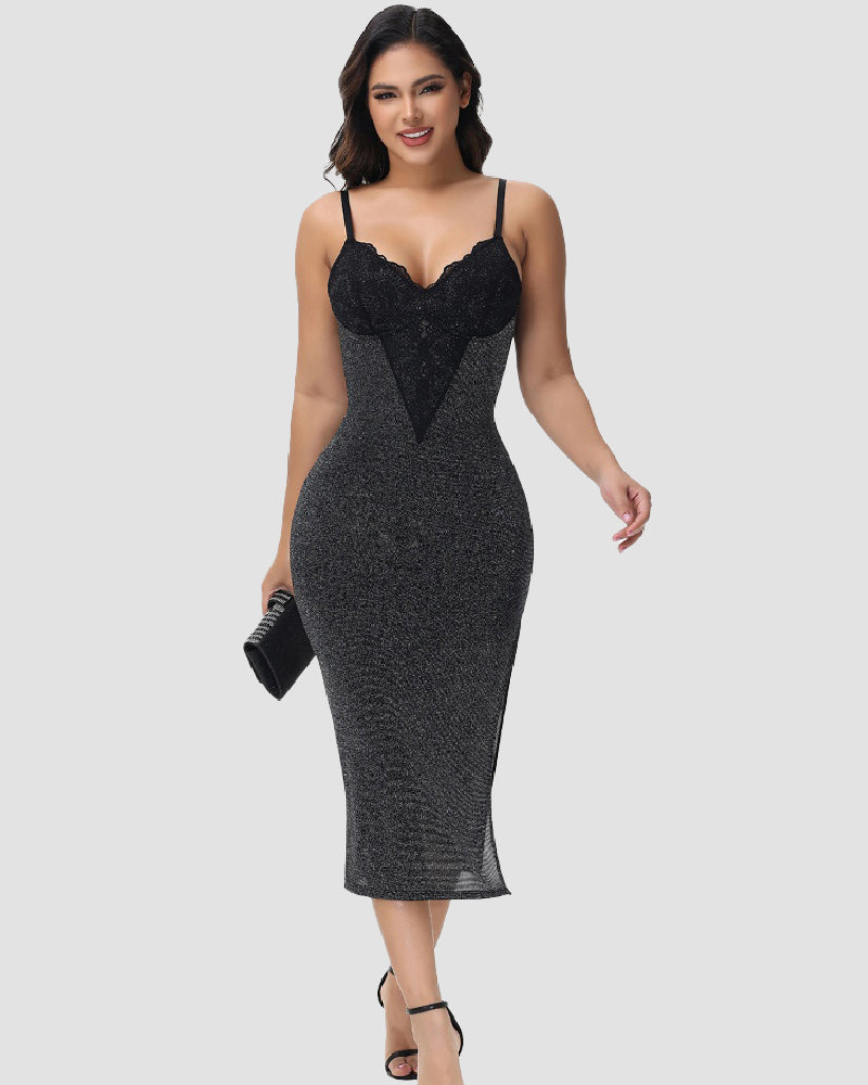 Shapshe® Sexy Lace V Neck Metallic Sparkling Bodycon Slit Cami Midi Slip Dress
