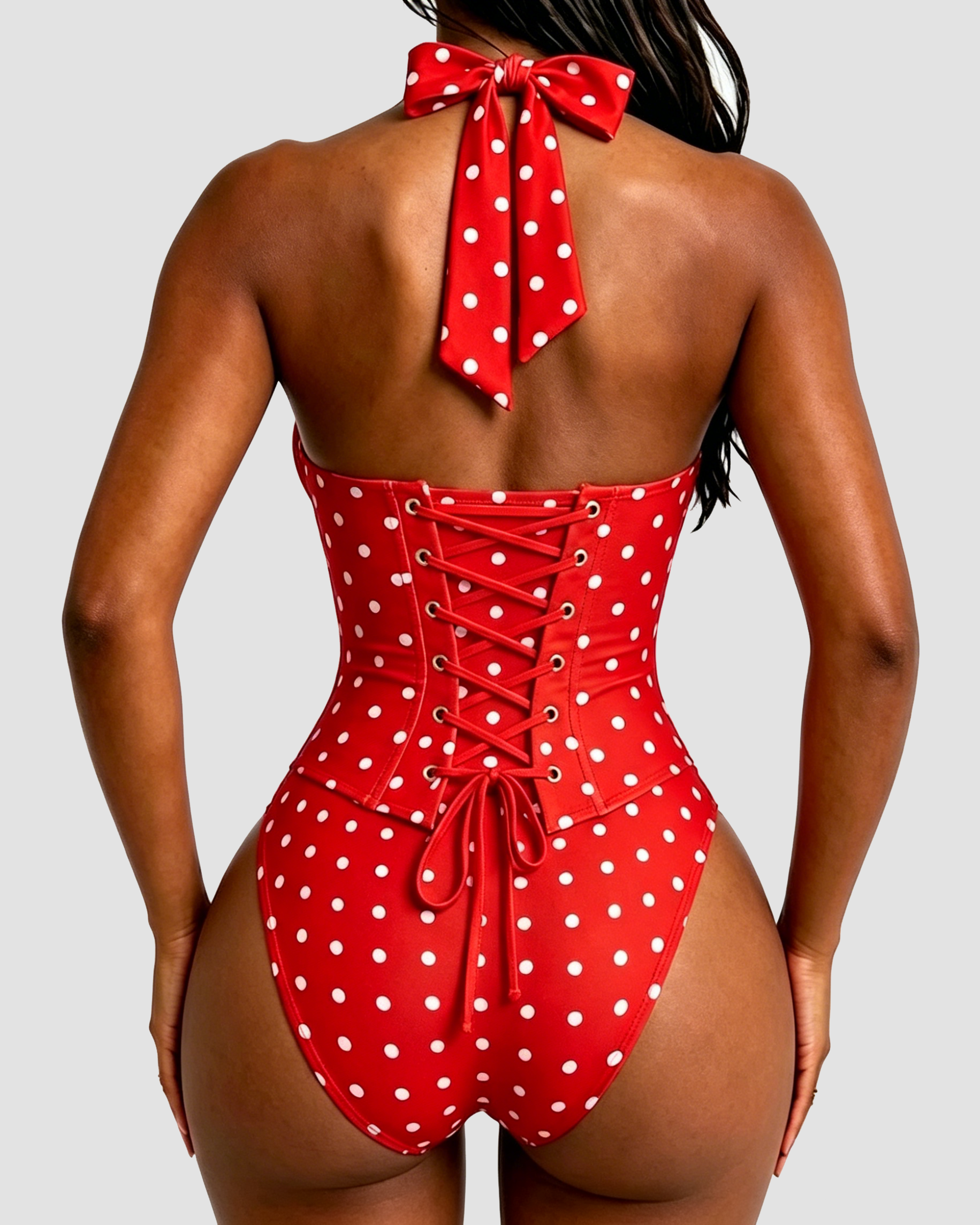 Polka Dot Halter Corset One-Piece Swimsuit