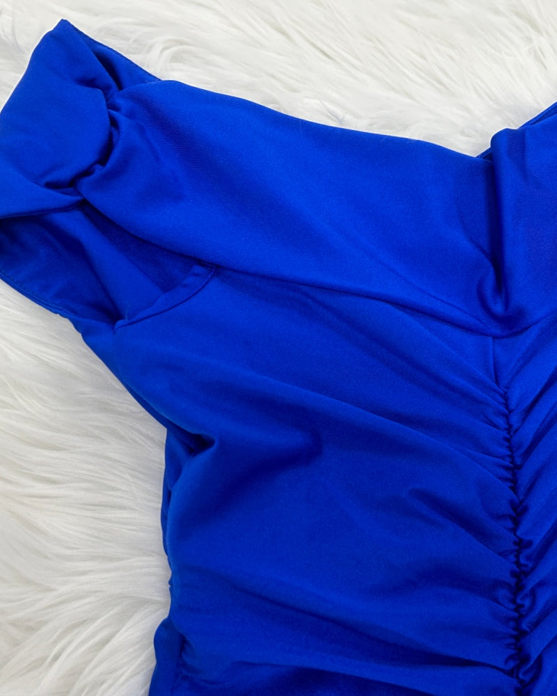 Elegant Off Shoulder V Neck Ruched Side Slit Maxi Dress