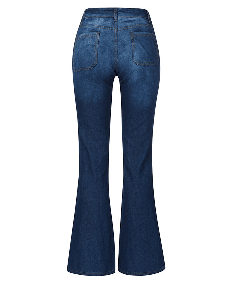 High Waist Washed Stretch Single Breasted Multi Button Straight Leg Jeans