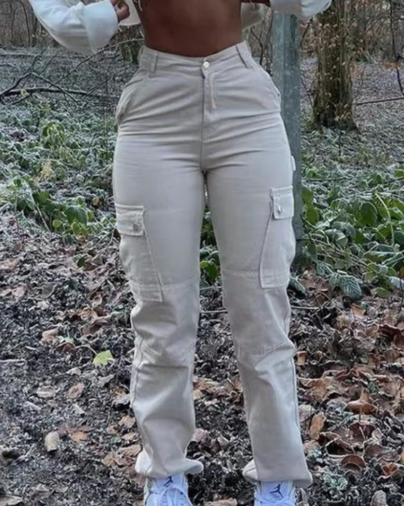 Pantalones cargo para mujer Levantamiento de cadera Cintura alta Multibolsillos De moda