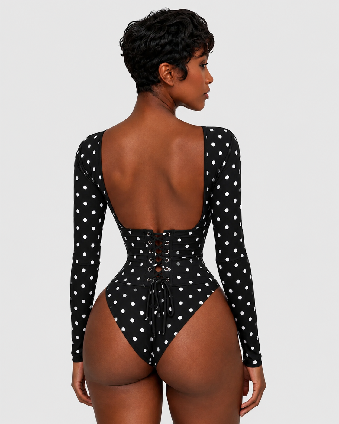 Hourglass Long Sleeve Polka Dot Thong Bodysuit with Waist Trainer 2 Piece Set