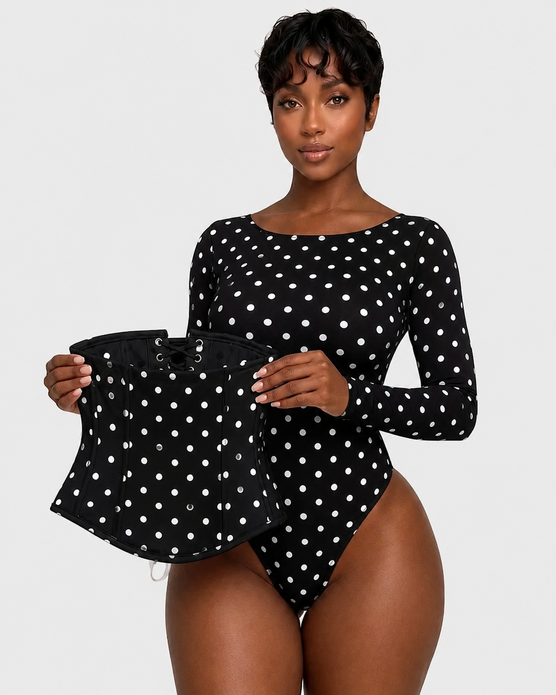 Hourglass Long Sleeve Polka Dot Thong Bodysuit with Waist Trainer 2 Piece Set
