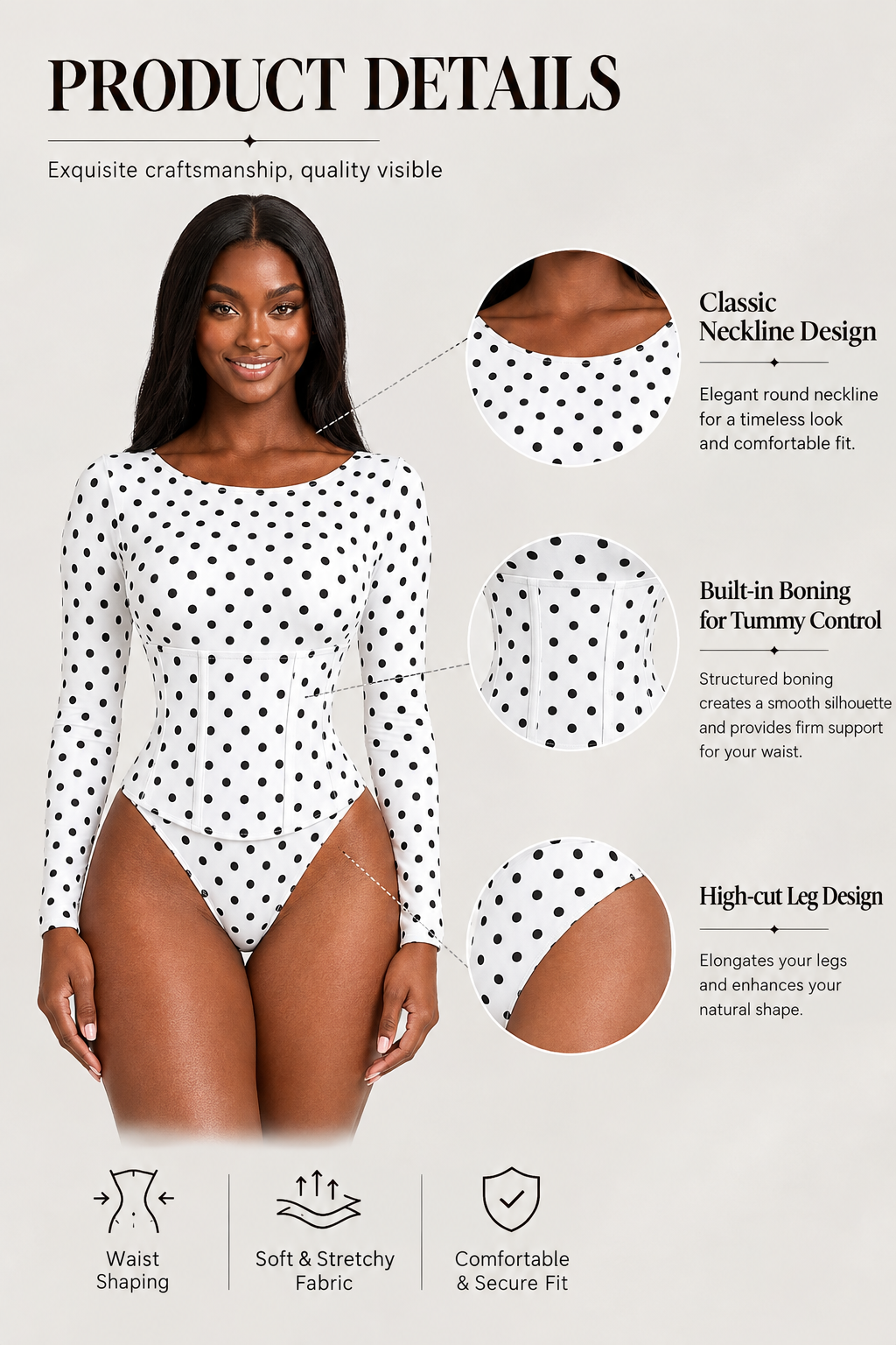 Polka Dot Scoop Neck Long Sleeve Bodysuit Detachable Corset Two Piece Set