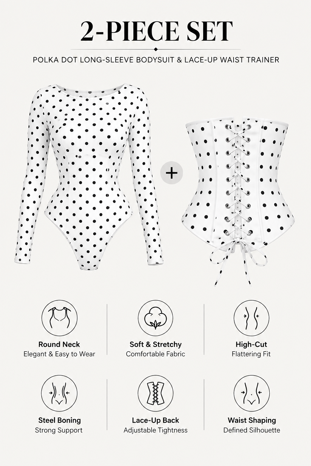 Polka Dot Scoop Neck Long Sleeve Bodysuit Detachable Corset Two Piece Set
