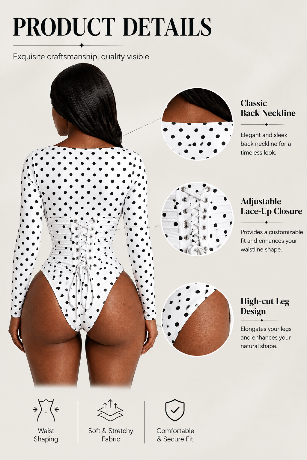 Polka Dot Scoop Neck Long Sleeve Bodysuit Detachable Corset Two Piece Set