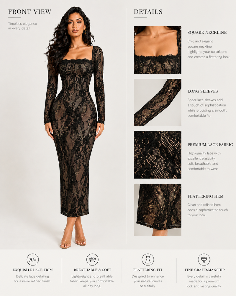 Square Neck Long Sleeve Lace Bodycon Maxi Dress