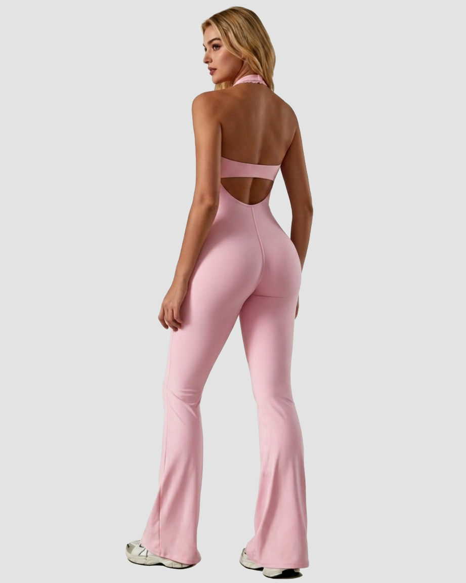 V-neck Lace-trimmed Halter Neck Yoga Sports Fitted Jumpsuit