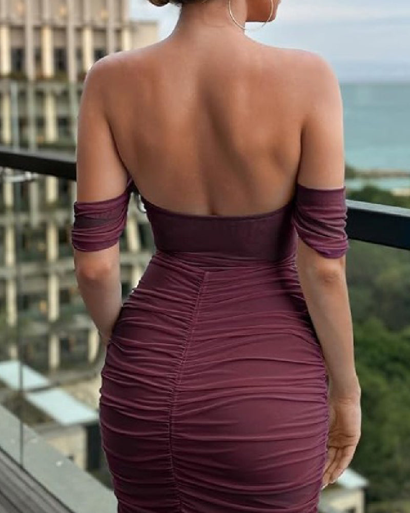 Off Shoulder Ruched Tummy Tuck Bodycon Midi Dress with Fishbone