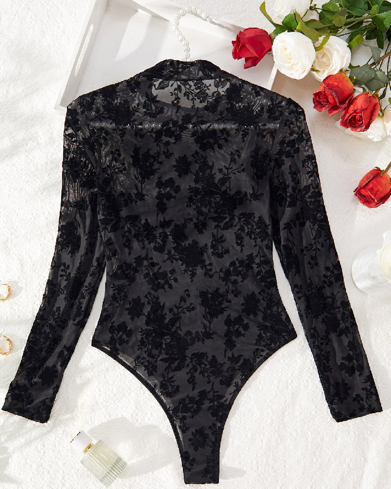 Sexy Mesh Flocked Transparent Slim Mock Neck Hollow Out Long Sleeve Bodysuit