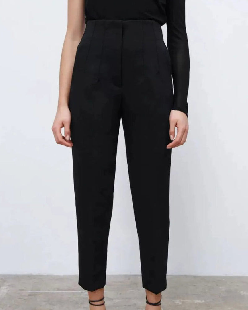 Pantalones de mujer con bolsillo lateral y cintura alta con pliegues entallados